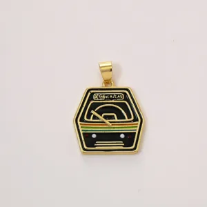 Brass enamel geometric pendant DIY jewelry accessory, stylish black and gold design for necklace charm.
