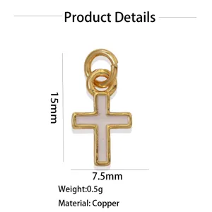 Ciondolo a croce dorata componente per gioielli DIY con smalto bianco e peso 0.5g