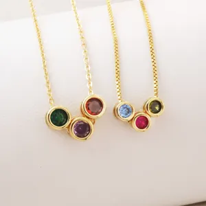 18K gold plated multi color cubic zirconia bezel set necklace detail, vibrant birthstone pendant.