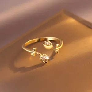Elegant gold tulip flower open ring with sparkling crystal details for women