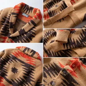 Nahaufnahmen von Kragen, Bündchen und Textur des ethnischen Strick-Cardigans mit Muster.