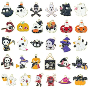 Mixed Halloween enamel charms featuring ghosts, pumpkins, and skulls for DIY jewelry making.