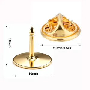Makroaufnahme goldener Schmetterlingsverschluss und Pin mit Maßen 10mm und 11,5mm