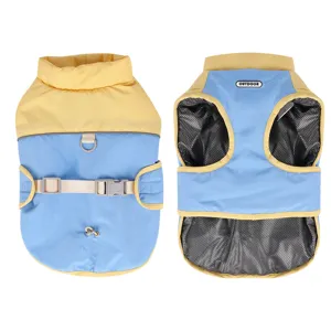 Insulated pet winter coat in blue and yellow with adjustable harness and graphene lining