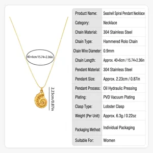 Tableau des spécifications détaillées pour collier avec pendentif coquille en acier inoxydable