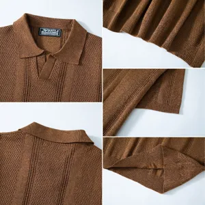 Detailopnames van een bruine hol gebreide poloshirt met kraag- en stoftextuurdetails