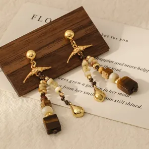 Pendientes colgantes vintage de estilo étnico con ojo de tigre natural y cuentas