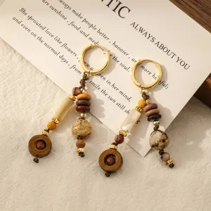 Pendientes largos étnicos vintage con piedras naturales de ámbar y ojo de tigre