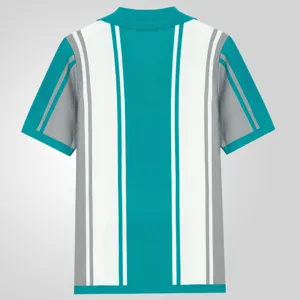 Detailed back view of men's knitted short sleeve Polo shirt with teal and white stripes