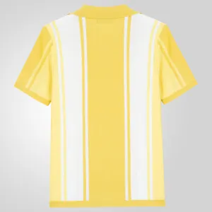Back view of a men's yellow and white vertical striped knitted short sleeve polo shirt