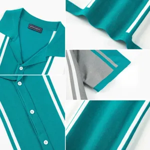 Detailed macro shots of teal striped knitted polo shirt showing texture and buttons