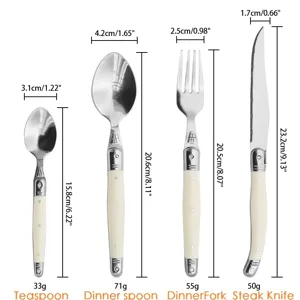Laguiole style flatware set dimensions showing knife fork and spoons.