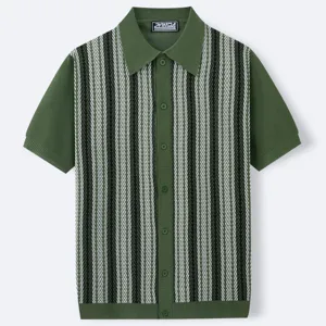 Detailed view of men's green knit polo shirt featuring vertical herringbone stripes