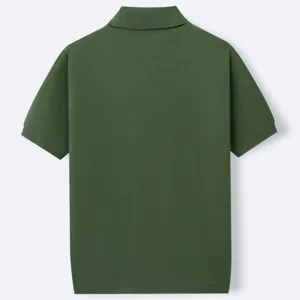 Back view of men's dark green knitted short sleeve polo shirt showing premium texture
