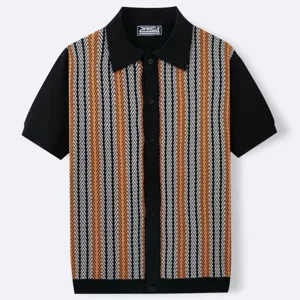 Detailed shot of men's casual knit polo shirt with vintage orange and black stripes