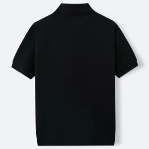 Back view of a men's black knit short sleeve polo shirt for casual summer wear