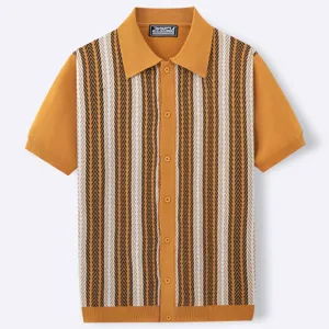 Macro view of mustard yellow knit Polo shirt with vertical stripe chevron pattern
