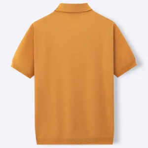 Detail view of the back of a men's mustard yellow short-sleeved knitted Polo shirt
