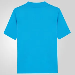 Back view of a premium light blue knitted short-sleeved Polo shirt with shoulder detail