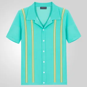 Detail view of retro striped knit polo shirt featuring mint green body and vertical stripes.