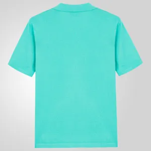 Back view of a turquoise men's knit polo shirt featuring a classic vintage collar