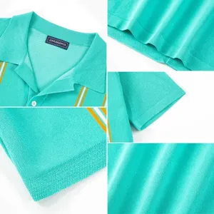Close-up details of mint green knit polo shirt showing collar, cuff, texture, and hemline.