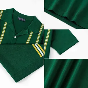 Close-up details of men's green striped knitted polo shirt showing fine fabric texture