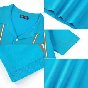 Detailed macro view of a light blue knit polo shirt with orange vertical stripes