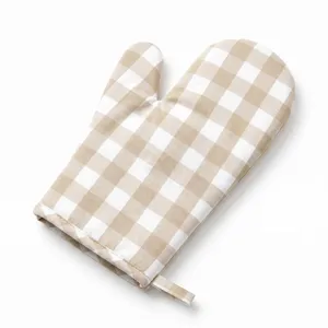 Close-up of a thickened khaki gingham kitchen oven mitt with a hanging loop detail
