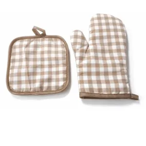 Beige and white plaid heat-resistant oven mitt and pot holder set for baking and kitchen use