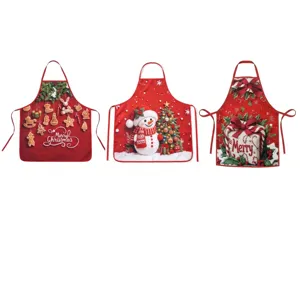Set of 3 Christmas themed red kitchen aprons featuring snowman and festive holiday prints