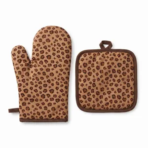 Leopard print oven mitt and square pot holder set for heat resistant kitchen baking