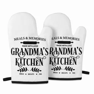 Detailed view of white oven mitts featuring 'Grandma's Kitchen' printed design