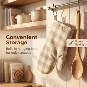 Checkered heat-resistant oven mitt hanging on a hook for convenient kitchen storage