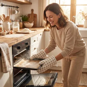 Woman using thick checkered oven mitts to handle a hot baking tray in a warm kitchen.