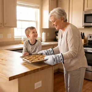 Grandma wearing printed white kitchen oven mitts while holding a tray of baked cookies
