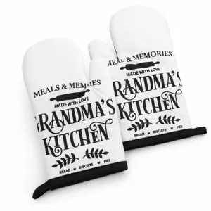 Close-up of white heat resistant oven mitts with 'Grandma's Kitchen' printed design