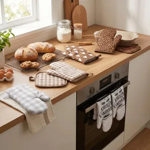 Assorted heat resistant cotton kitchen oven mitts and potholders on counter top