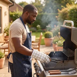 Close-up of a man wearing a thick checkered oven mitt while using a BBQ grill outdoors