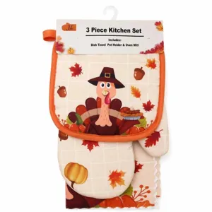Thanksgiving 3-piece kitchen set featuring turkey oven mitt, pot holder, and dish towel.