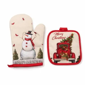 Christmas themed heat resistant oven mitt and pot holder set featuring snowman and truck