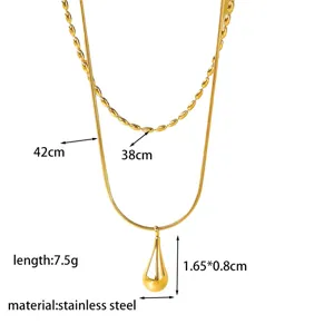 Minimalist double-layered gold stainless steel necklace with water drop pendant and dimensions