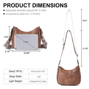Guida alle taglie dettagliata per borsa a tracolla marrone vintage con misure.