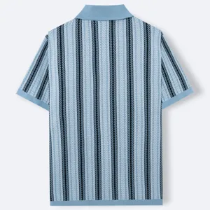 Detailed back view of men's blue striped knitted polo shirt with textured fabric
