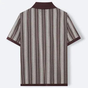 Detailed back view of a men's brown knit polo shirt with geometric stripes.