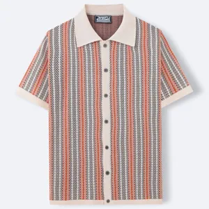 Men's retro striped knit polo shirt featuring a short sleeve button down design