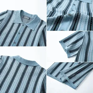 Close-up details of men's striped knit polo shirt showing jacquard texture and buttons