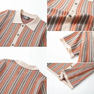 Detailed views of men's striped knit polo shirt showing texture, collar and hem