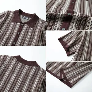 Macro view of men's contrast stripe knit polo shirt showing fabric texture and ribbed collar