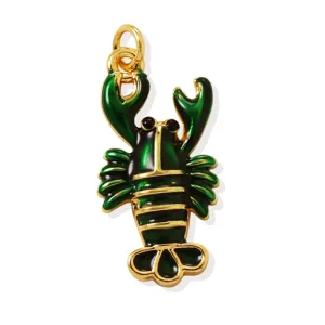 Gold brass lobster pendant with green enamel, perfect for DIY handmade necklaces and jewelry.